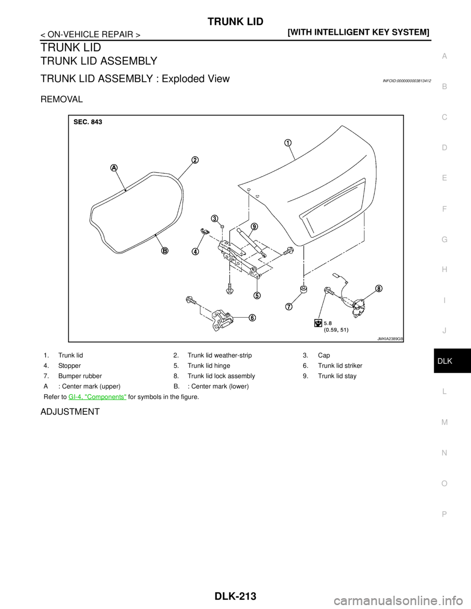 NISSAN TEANA 2008  Service Manual TRUNK LID
DLK-213
< ON-VEHICLE REPAIR >[WITH INTELLIGENT KEY SYSTEM]
C
D
E
F
G
H
I
J
L
MA
B
DLK
N
O
P
TRUNK LID
TRUNK LID ASSEMBLY
TRUNK LID ASSEMBLY : Exploded ViewINFOID:0000000003813412
REMOVAL
ADJ