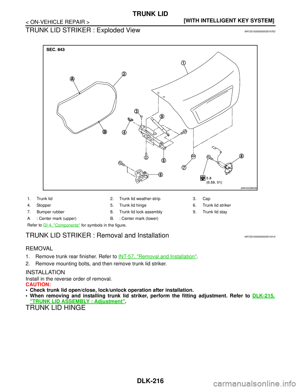 NISSAN TEANA 2008  Service Manual DLK-216
< ON-VEHICLE REPAIR >[WITH INTELLIGENT KEY SYSTEM]
TRUNK LID
TRUNK LID STRIKER : Exploded View
INFOID:0000000003819763
TRUNK LID STRIKER : Removal and InstallationINFOID:0000000003813416
REMOV