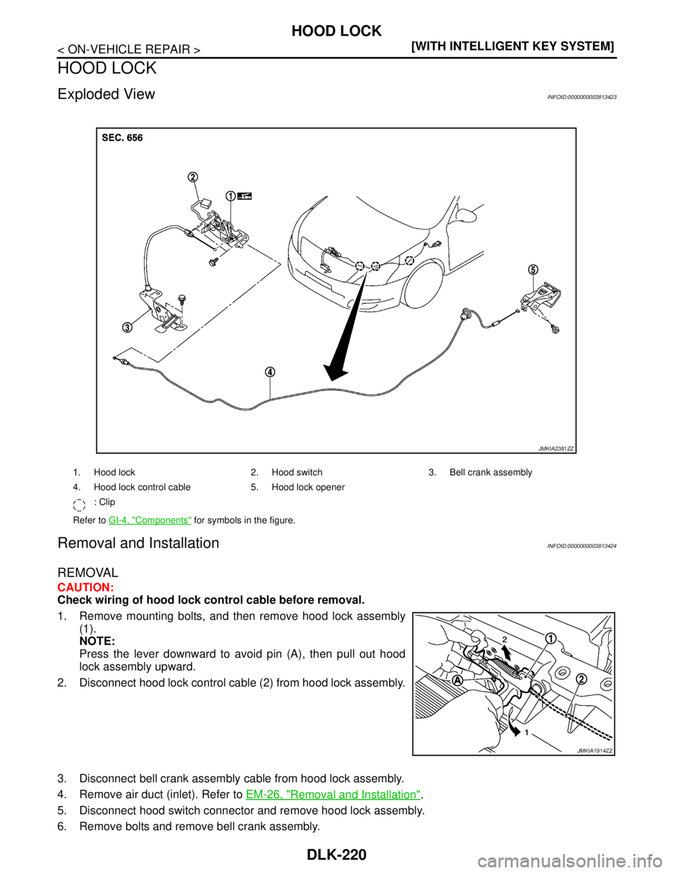 NISSAN TEANA 2008  Service Manual DLK-220
< ON-VEHICLE REPAIR >[WITH INTELLIGENT KEY SYSTEM]
HOOD LOCK
HOOD LOCK
Exploded ViewINFOID:0000000003813423
Removal and InstallationINFOID:0000000003813424
REMOVAL
CAUTION:
Check wiring of hoo