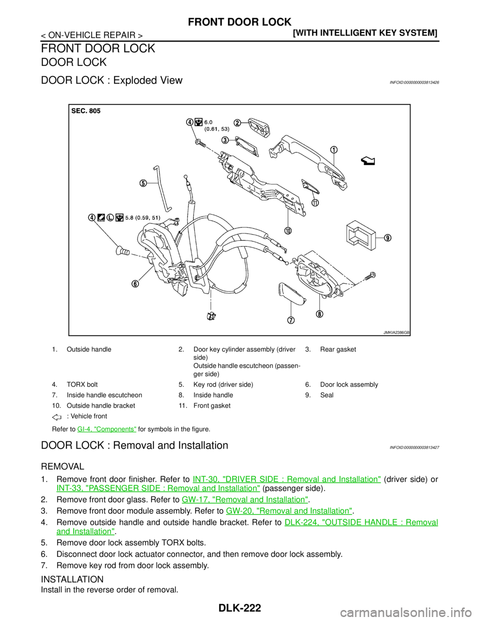 NISSAN TEANA 2008  Service Manual DLK-222
< ON-VEHICLE REPAIR >[WITH INTELLIGENT KEY SYSTEM]
FRONT DOOR LOCK
FRONT DOOR LOCK
DOOR LOCK
DOOR LOCK : Exploded ViewINFOID:0000000003813426
DOOR LOCK : Removal and InstallationINFOID:0000000