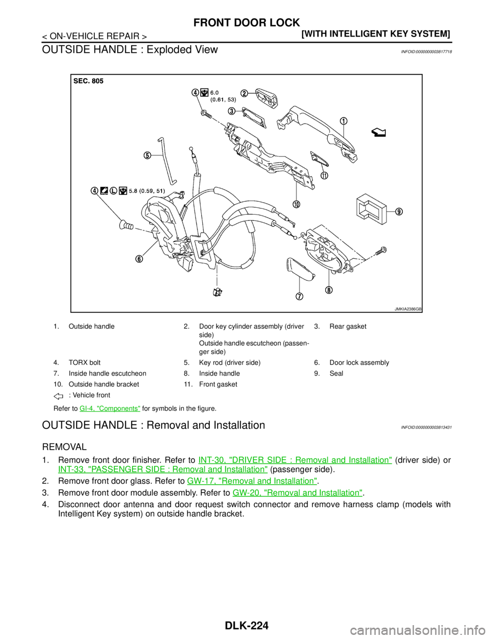 NISSAN TEANA 2008  Service Manual DLK-224
< ON-VEHICLE REPAIR >[WITH INTELLIGENT KEY SYSTEM]
FRONT DOOR LOCK
OUTSIDE HANDLE : Exploded View
INFOID:0000000003817718
OUTSIDE HANDLE : Removal and InstallationINFOID:0000000003813431
REMOV