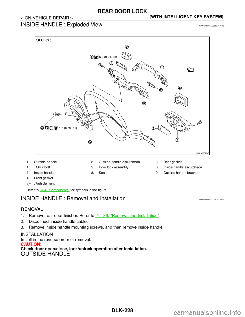 NISSAN TEANA 2008  Service Manual DLK-228
< ON-VEHICLE REPAIR >[WITH INTELLIGENT KEY SYSTEM]
REAR DOOR LOCK
INSIDE HANDLE : Exploded View
INFOID:0000000003817719
INSIDE HANDLE : Removal and InstallationINFOID:0000000003813435
REMOVAL
