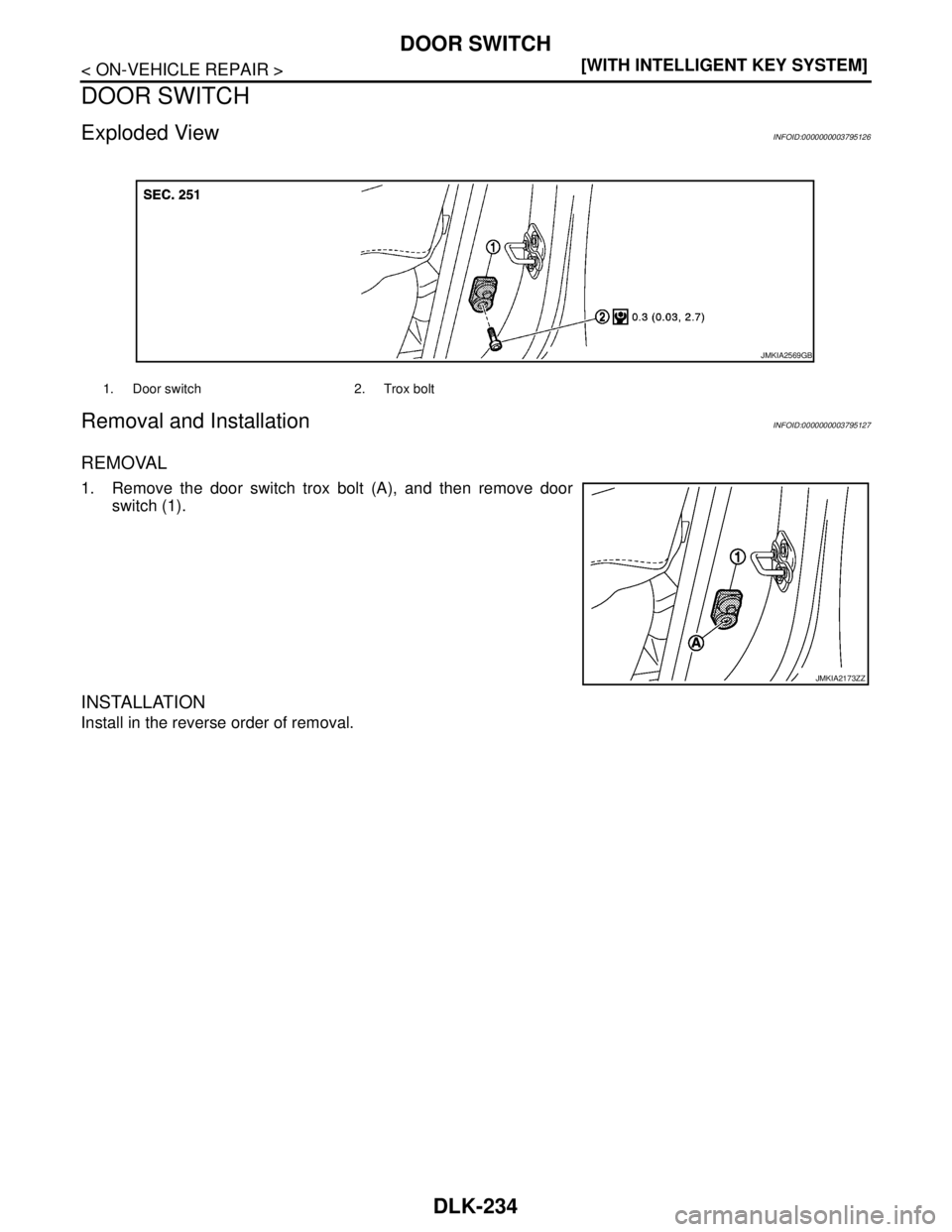 NISSAN TEANA 2008  Service Manual DLK-234
< ON-VEHICLE REPAIR >[WITH INTELLIGENT KEY SYSTEM]
DOOR SWITCH
DOOR SWITCH
Exploded ViewINFOID:0000000003795126
Removal and InstallationINFOID:0000000003795127
REMOVAL
1. Remove the door switc