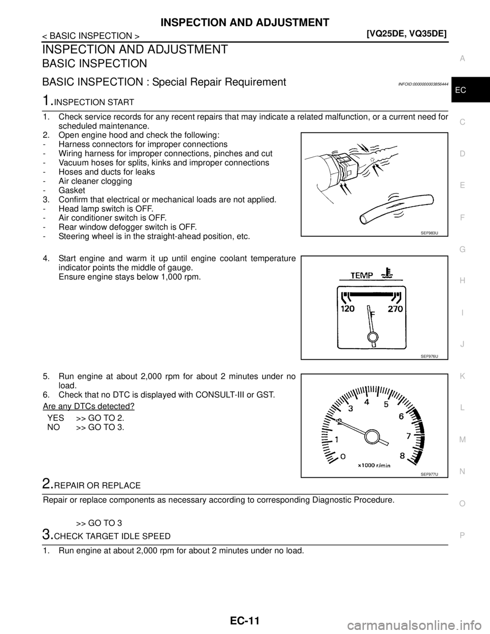 NISSAN TEANA 2008  Service Manual INSPECTION AND ADJUSTMENT
EC-11
< BASIC INSPECTION >[VQ25DE, VQ35DE]
C
D
E
F
G
H
I
J
K
L
MA
EC
N
P O
INSPECTION AND ADJUSTMENT
BASIC INSPECTION
BASIC INSPECTION : Special Repair RequirementINFOID:0000