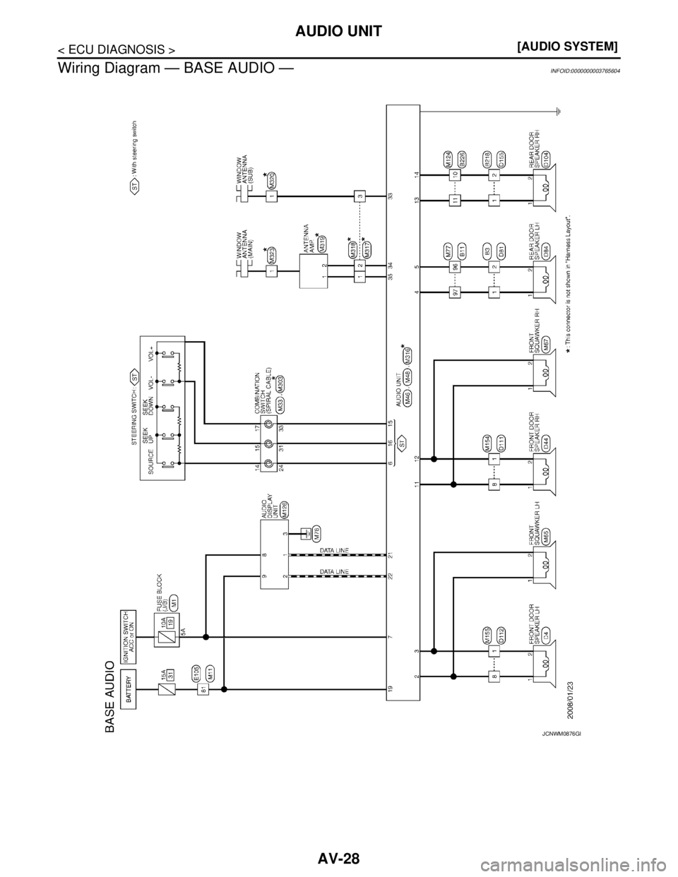NISSAN TEANA 2008  Service Manual AV-28
< ECU DIAGNOSIS >[AUDIO SYSTEM]
AUDIO UNIT
Wiring Diagram — BASE AUDIO —
INFOID:0000000003765604
JCNWM0876GB 