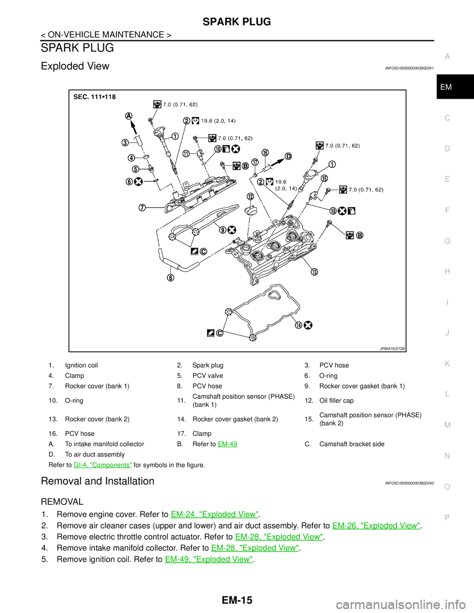 NISSAN TEANA 2008  Service Manual SPARK PLUG
EM-15
< ON-VEHICLE MAINTENANCE >
C
D
E
F
G
H
I
J
K
L
MA
EM
N
P O
SPARK PLUG
Exploded ViewINFOID:0000000003802241
Removal and InstallationINFOID:0000000003802242
REMOVAL
1. Remove engine cov