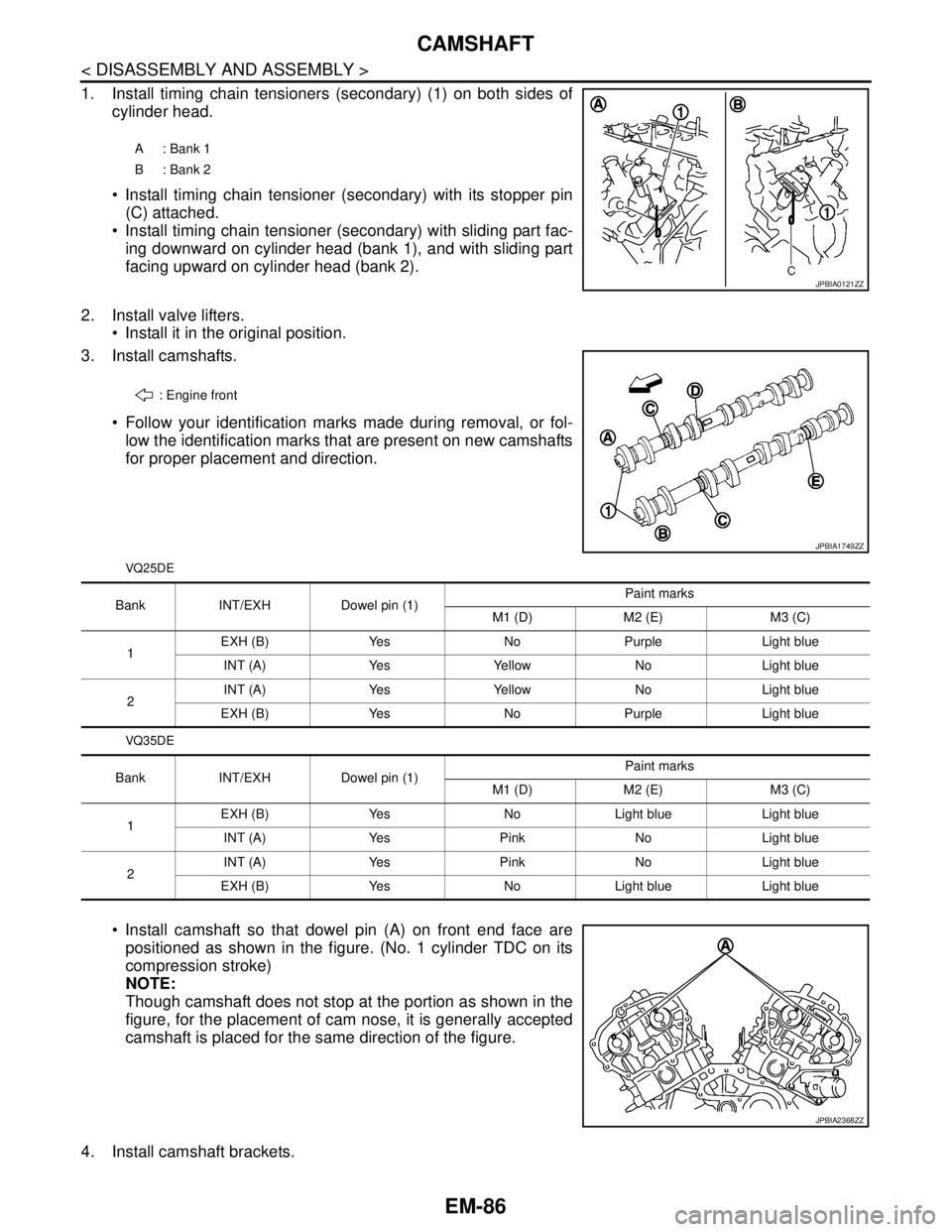 NISSAN TEANA 2008  Service Manual EM-86
< DISASSEMBLY AND ASSEMBLY >
CAMSHAFT
1. Install timing chain tensioners (secondary) (1) on both sides of
cylinder head.
 Install timing chain tensioner (secondary) with its stopper pin
(C) att
