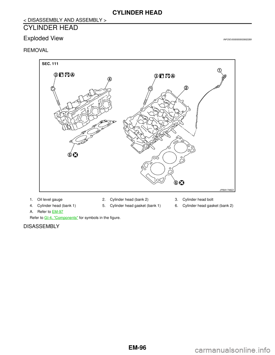 NISSAN TEANA 2008  Service Manual EM-96
< DISASSEMBLY AND ASSEMBLY >
CYLINDER HEAD
CYLINDER HEAD
Exploded ViewINFOID:0000000003802289
REMOVAL
DISASSEMBLY
1. Oil level gauge 2. Cylinder head (bank 2) 3. Cylinder head bolt
4. Cylinder h