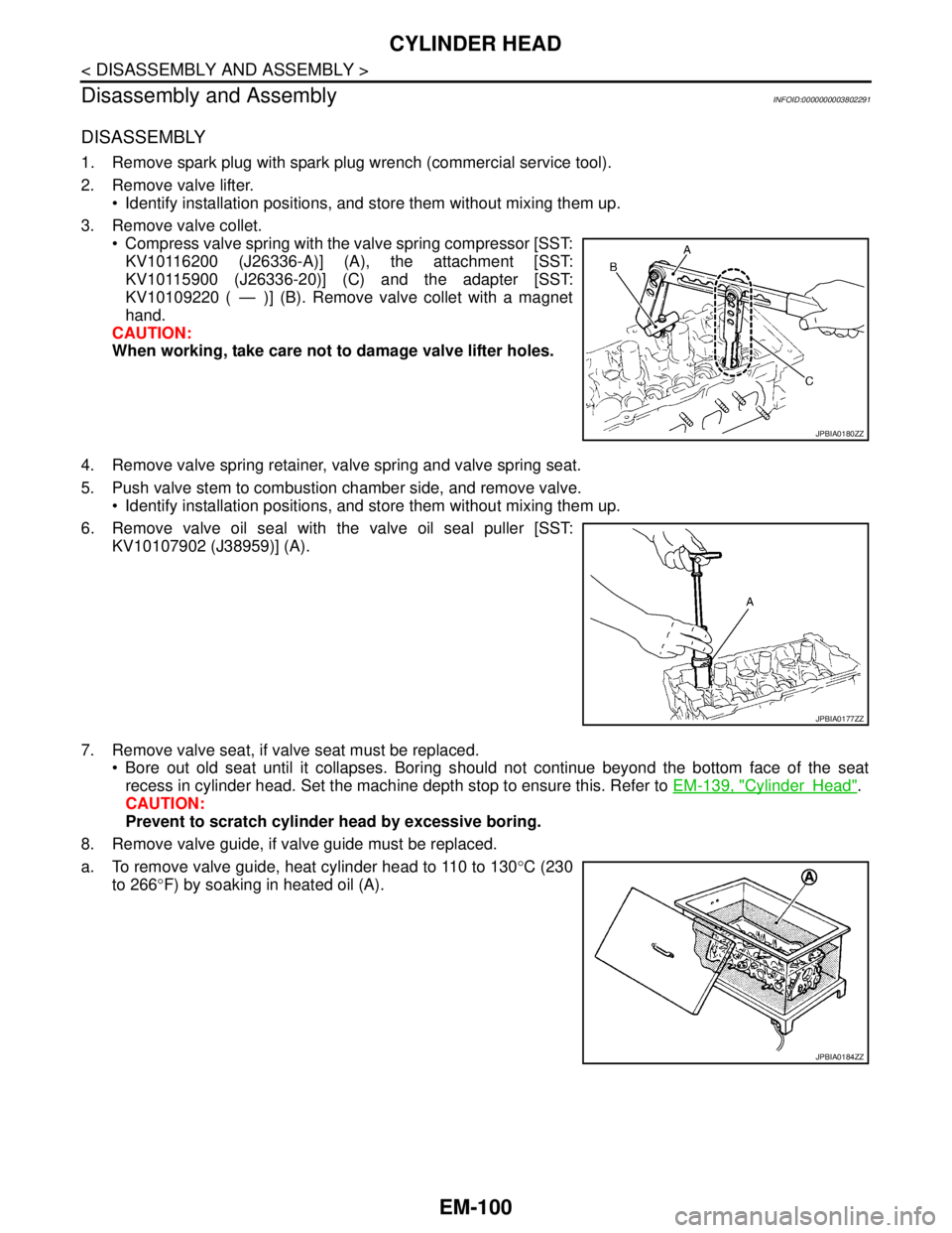 NISSAN TEANA 2008  Service Manual EM-100
< DISASSEMBLY AND ASSEMBLY >
CYLINDER HEAD
Disassembly and Assembly
INFOID:0000000003802291
DISASSEMBLY
1. Remove spark plug with spark plug wrench (commercial service tool).
2. Remove valve li