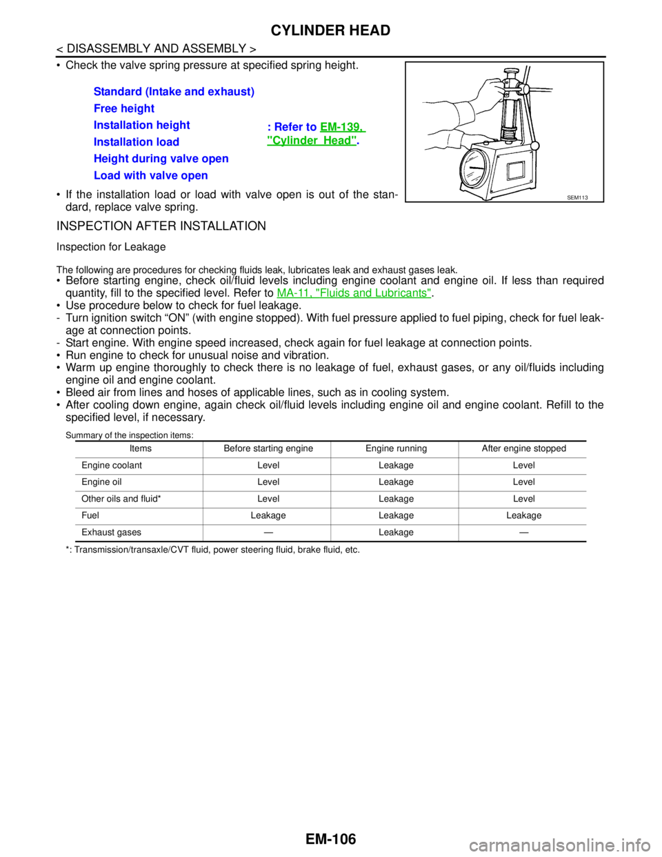 NISSAN TEANA 2008  Service Manual EM-106
< DISASSEMBLY AND ASSEMBLY >
CYLINDER HEAD
 Check the valve spring pressure at specified spring height.
 If the installation load or load with valve open is out of the stan-
dard, replace val