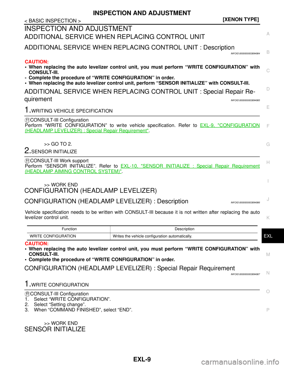 NISSAN TEANA 2008  Service Manual INSPECTION AND ADJUSTMENT
EXL-9
< BASIC INSPECTION >[XENON TYPE]
C
D
E
F
G
H
I
J
K
MA
B
EXL
N
O
P
INSPECTION AND ADJUSTMENT
ADDITIONAL SERVICE WHEN REPLACING CONTROL UNIT
ADDITIONAL SERVICE WHEN REPLA
