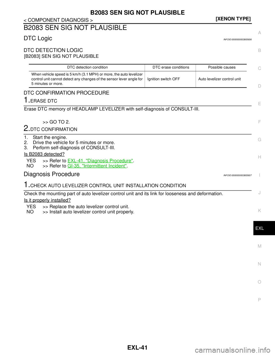 NISSAN TEANA 2008  Service Manual B2083 SEN SIG NOT PLAUSIBLE
EXL-41
< COMPONENT DIAGNOSIS >[XENON TYPE]
C
D
E
F
G
H
I
J
K
MA
B
EXL
N
O
P
B2083 SEN SIG NOT PLAUSIBLE
DTC LogicINFOID:0000000003805606
DTC DETECTION LOGIC
[B2083] SEN SIG