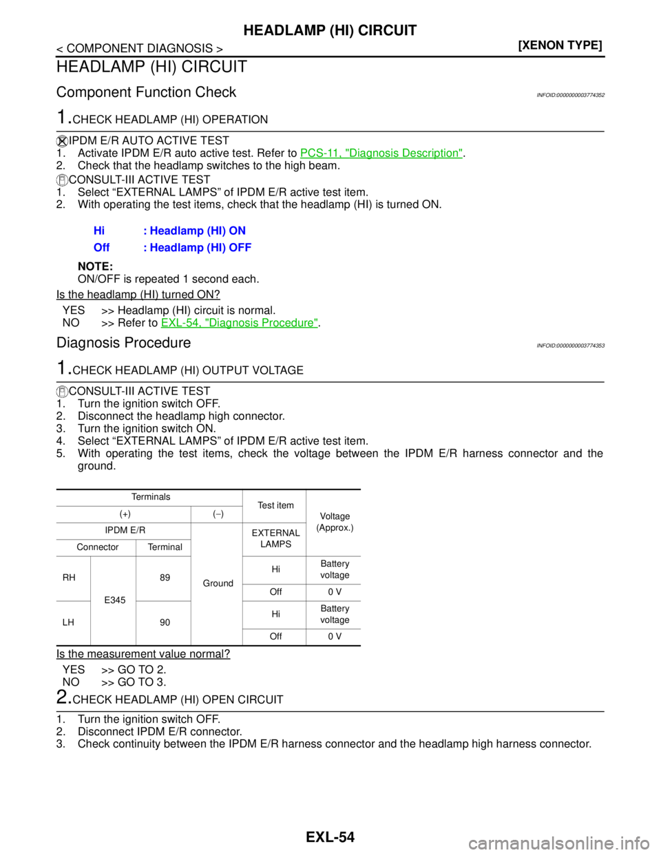 NISSAN TEANA 2008  Service Manual EXL-54
< COMPONENT DIAGNOSIS >[XENON TYPE]
HEADLAMP (HI) CIRCUIT
HEADLAMP (HI) CIRCUIT
Component Function CheckINFOID:0000000003774352
1.CHECK HEADLAMP (HI) OPERATION
IPDM E/R AUTO ACTIVE TEST
1. Acti