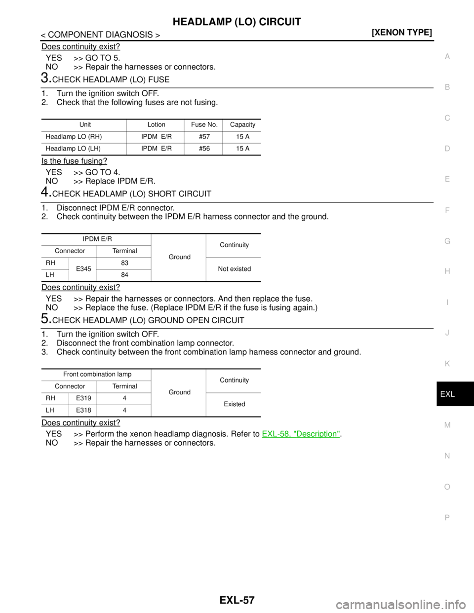 NISSAN TEANA 2008  Service Manual HEADLAMP (LO) CIRCUIT
EXL-57
< COMPONENT DIAGNOSIS >[XENON TYPE]
C
D
E
F
G
H
I
J
K
MA
B
EXL
N
O
P
Does continuity exist?
YES >> GO TO 5.
NO >> Repair the harnesses or connectors.
3.CHECK HEADLAMP (LO)