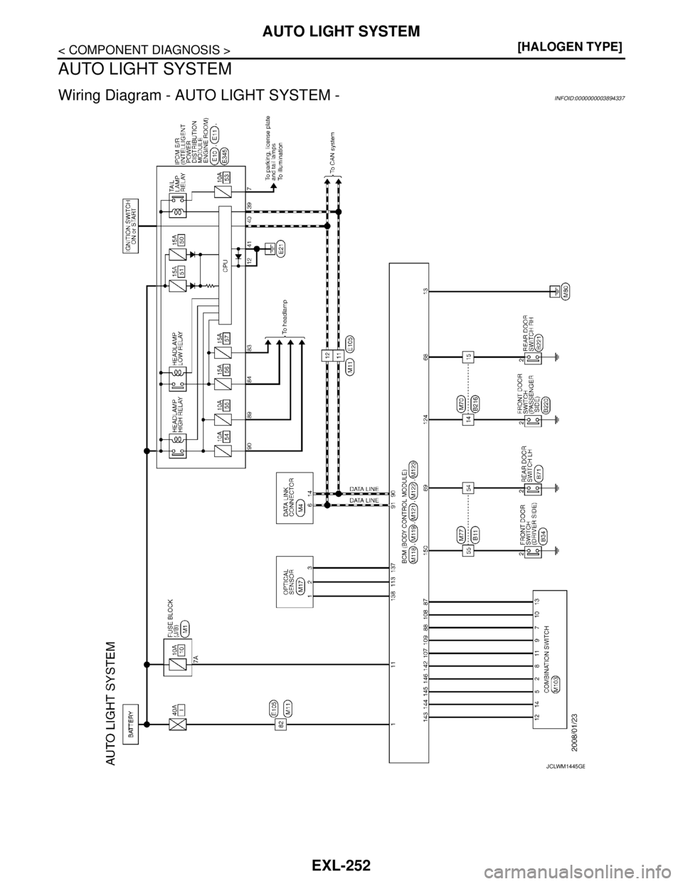 NISSAN TEANA 2008  Service Manual EXL-252
< COMPONENT DIAGNOSIS >[HALOGEN TYPE]
AUTO LIGHT SYSTEM
AUTO LIGHT SYSTEM
Wiring Diagram - AUTO LIGHT SYSTEM -INFOID:0000000003894337
JCLWM1445GB 
