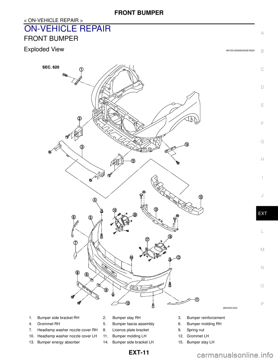 NISSAN TEANA 2008  Service Manual FRONT BUMPER
EXT-11
< ON-VEHICLE REPAIR >
C
D
E
F
G
H
I
J
L
MA
B
EXT
N
O
P
ON-VEHICLE REPAIR
FRONT BUMPER
Exploded ViewINFOID:0000000003819529
1. Bumper side bracket RH 2. Bumper stay RH 3. Bumper rei