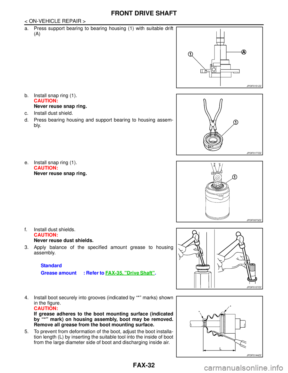 NISSAN TEANA 2008  Service Manual FAX-32
< ON-VEHICLE REPAIR >
FRONT DRIVE SHAFT
a. Press support bearing to bearing housing (1) with suitable drift
(A)
b. Install snap ring (1).
CAUTION:
Never reuse snap ring.
c. Install dust shield.