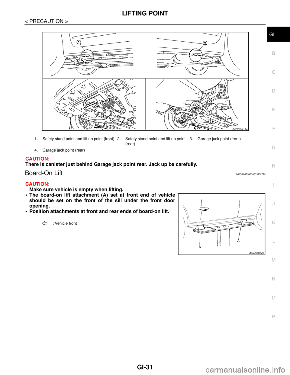 NISSAN TEANA 2008 Service Manual LIFTING POINT
GI-31
< PRECAUTION >
C
D
E
F
G
H
I
J
K
L
MB
GI
N
O
P
CAUTION:
There is canister just behind Garage jack point rear. Jack up be carefully.
Board-On LiftINFOID:0000000003852790
CAUTION:
Ma NISSAN TEANA 2008 Service Manual LIFTING POINT
GI-31
< PRECAUTION >
C
D
E
F
G
H
I
J
K
L
MB
GI
N
O
P
CAUTION:
There is canister just behind Garage jack point rear. Jack up be carefully.
Board-On LiftINFOID:0000000003852790
CAUTION:
Ma