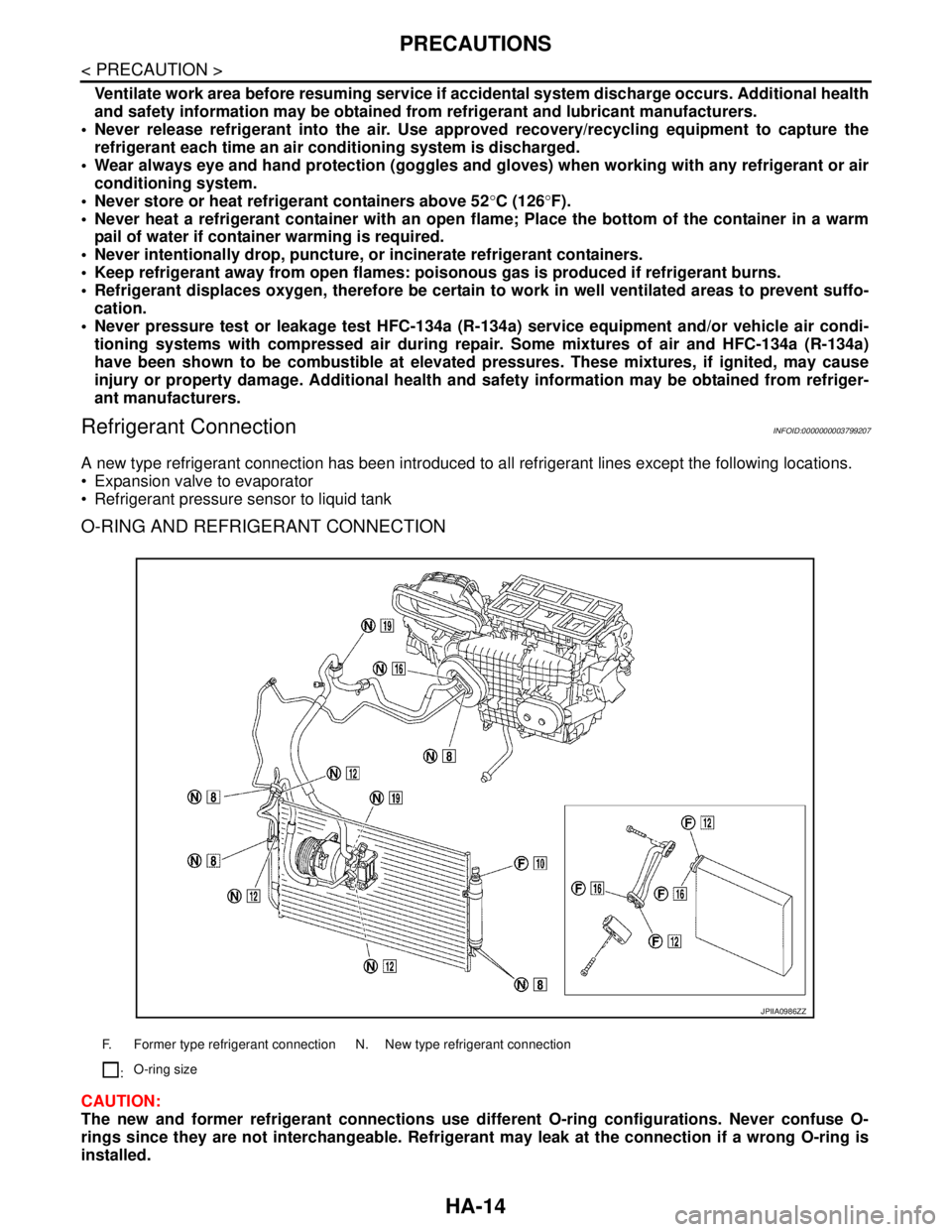 NISSAN TEANA 2008  Service Manual HA-14
< PRECAUTION >
PRECAUTIONS
Ventilate work area before resuming service if accidental system discharge occurs. Additional health
and safety information may be obtained from refrigerant and lubric