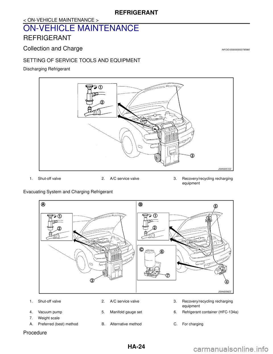NISSAN TEANA 2008 Service Manual HA-24
< ON-VEHICLE MAINTENANCE >
REFRIGERANT
ON-VEHICLE MAINTENANCE
REFRIGERANT
Collection and ChargeINFOID:0000000003795980
SETTING OF SERVICE TOOLS AND EQUIPMENT
Discharging Refrigerant
Evacuating S NISSAN TEANA 2008 Service Manual HA-24
< ON-VEHICLE MAINTENANCE >
REFRIGERANT
ON-VEHICLE MAINTENANCE
REFRIGERANT
Collection and ChargeINFOID:0000000003795980
SETTING OF SERVICE TOOLS AND EQUIPMENT
Discharging Refrigerant
Evacuating S