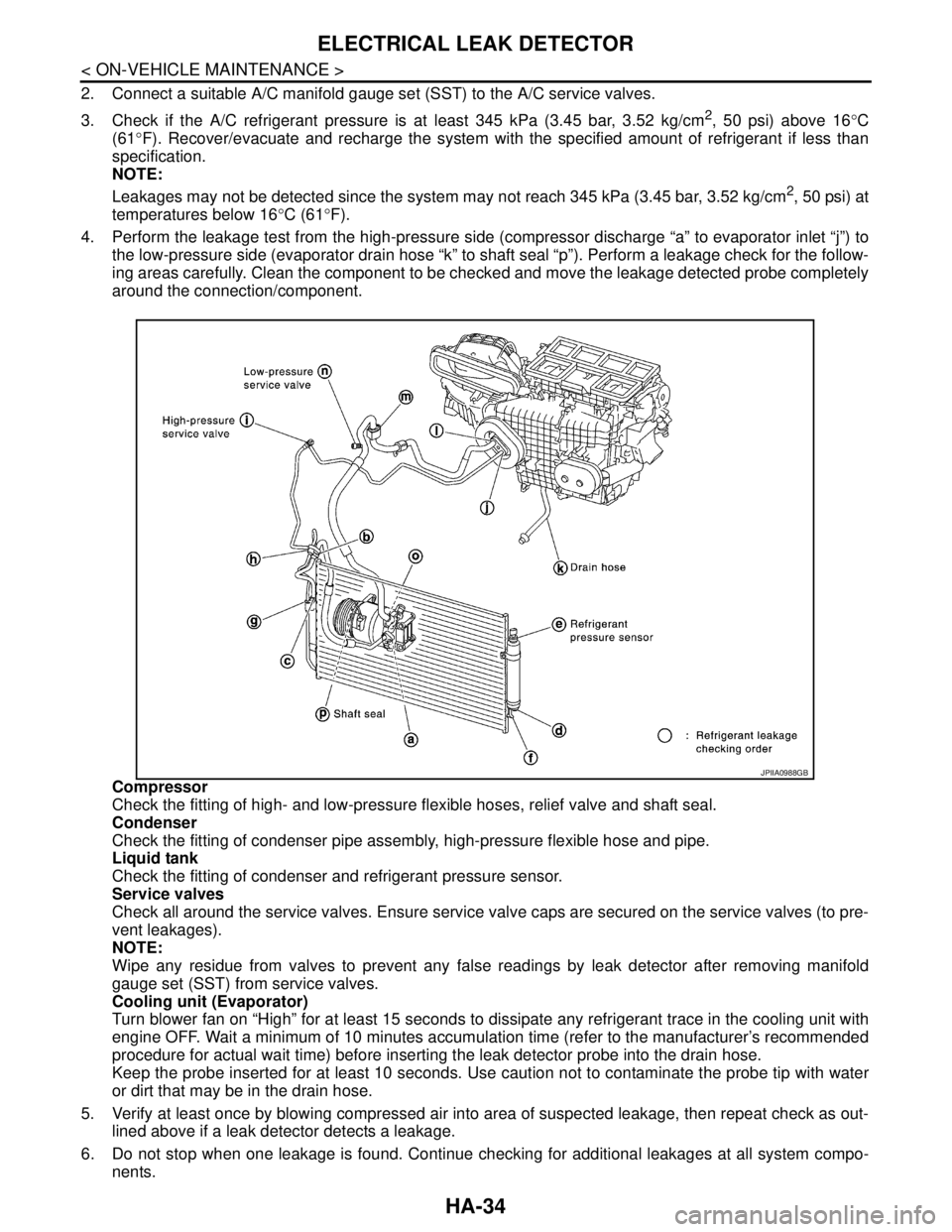 NISSAN TEANA 2008  Service Manual HA-34
< ON-VEHICLE MAINTENANCE >
ELECTRICAL LEAK DETECTOR
2. Connect a suitable A/C manifold gauge set (SST) to the A/C service valves.
3. Check if the A/C refrigerant pressure is at least 345 kPa (3.