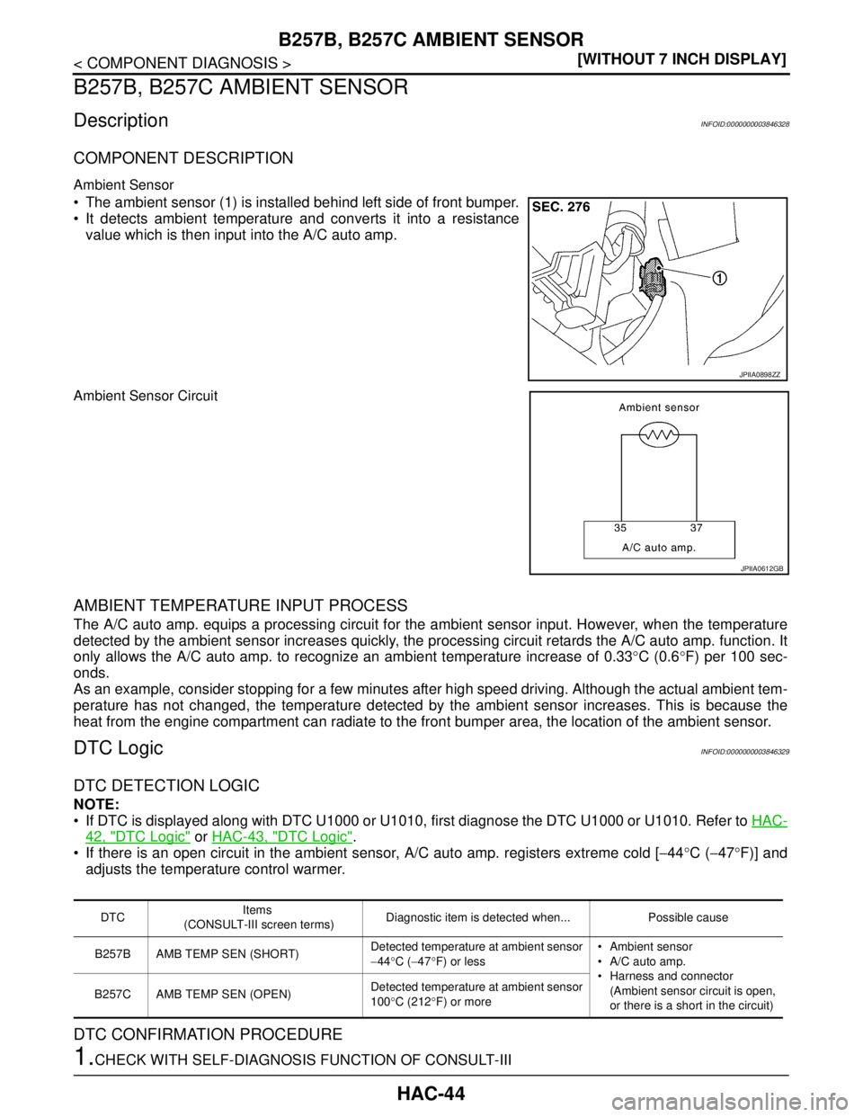 NISSAN TEANA 2008  Service Manual HAC-44
< COMPONENT DIAGNOSIS >[WITHOUT 7 INCH DISPLAY]
B257B, B257C AMBIENT SENSOR
B257B, B257C AMBIENT SENSOR
DescriptionINFOID:0000000003846328
COMPONENT DESCRIPTION
Ambient Sensor
 The ambient sen