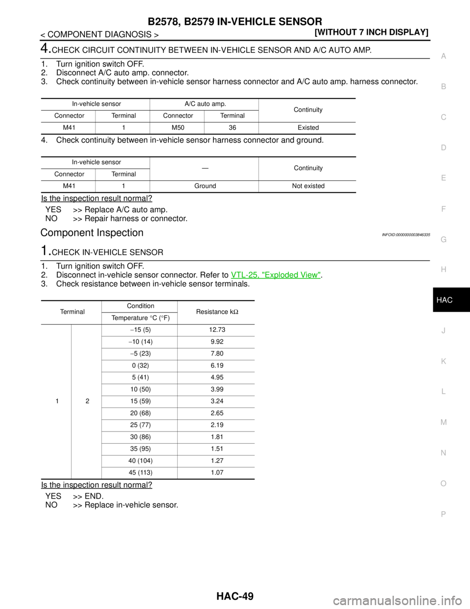 NISSAN TEANA 2008  Service Manual B2578, B2579 IN-VEHICLE SENSOR
HAC-49
< COMPONENT DIAGNOSIS >[WITHOUT 7 INCH DISPLAY]
C
D
E
F
G
H
J
K
L
MA
B
HAC
N
O
P
4.CHECK CIRCUIT CONTINUITY BETWEEN IN-VEHICLE SENSOR AND A/C AUTO AMP.
1. Turn ig