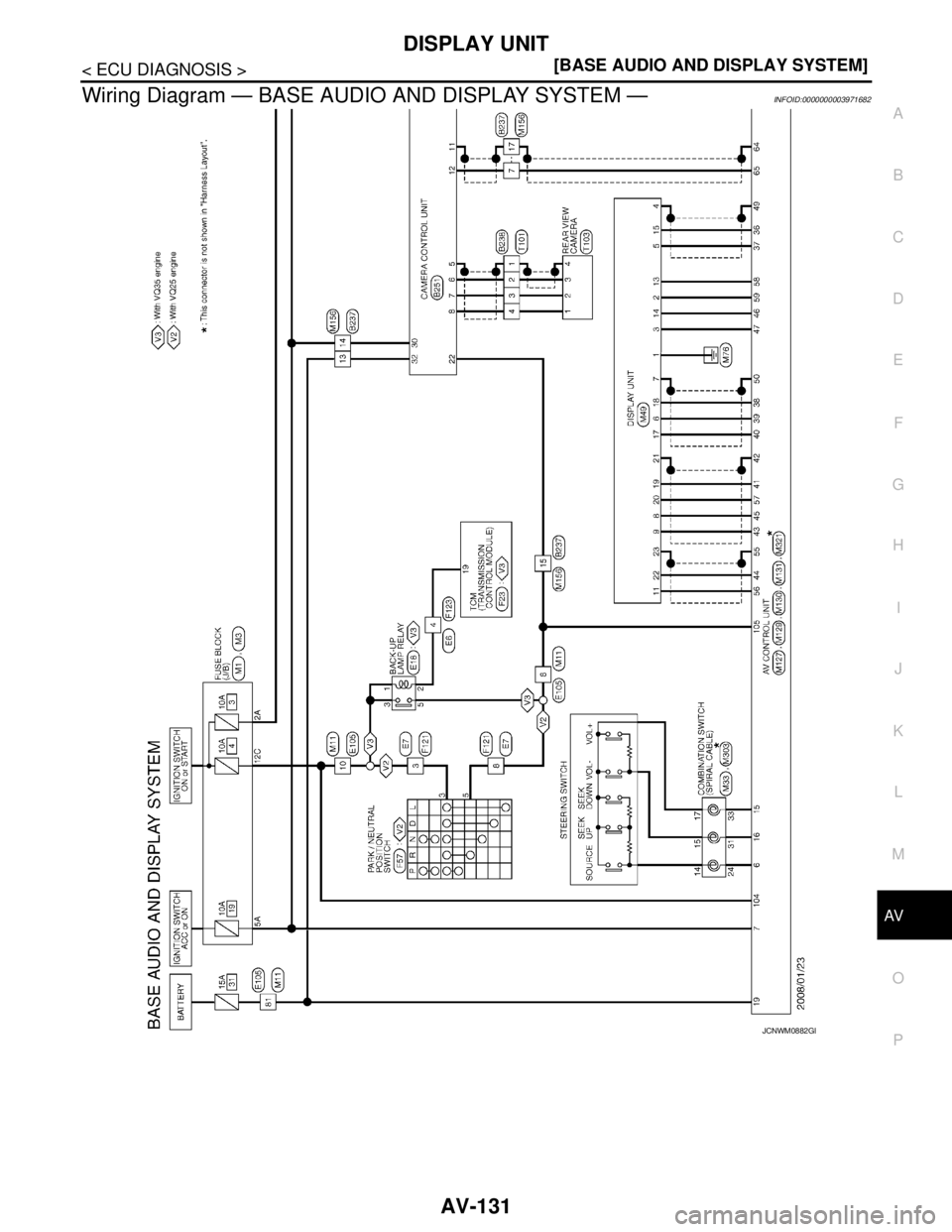 NISSAN TEANA 2008  Service Manual AV
DISPLAY UNIT
AV-131
< ECU DIAGNOSIS >[BASE AUDIO AND DISPLAY SYSTEM]
C
D
E
F
G
H
I
J
K
L
MB A
O
P
Wiring Diagram — BASE AUDIO AND DISPLAY SYSTEM —INFOID:0000000003971682
JCNWM0882GB 