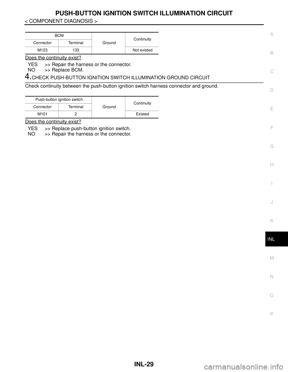 NISSAN TEANA 2008  Service Manual PUSH-BUTTON IGNITION SWITCH ILLUMINATION CIRCUIT
INL-29
< COMPONENT DIAGNOSIS >
C
D
E
F
G
H
I
J
K
MA
B
INL
N
O
P
Does the continuity exist?
YES >> Repair the harness or the connector.
NO >> Replace BC