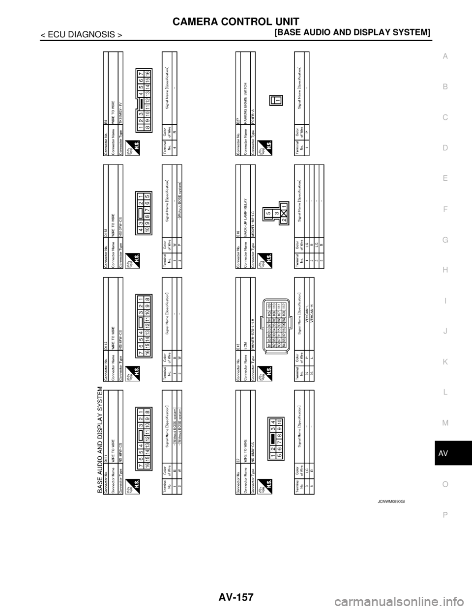 NISSAN TEANA 2008  Service Manual AV
CAMERA CONTROL UNIT
AV-157
< ECU DIAGNOSIS >[BASE AUDIO AND DISPLAY SYSTEM]
C
D
E
F
G
H
I
J
K
L
MB A
O
P
JCNWM0890GB 