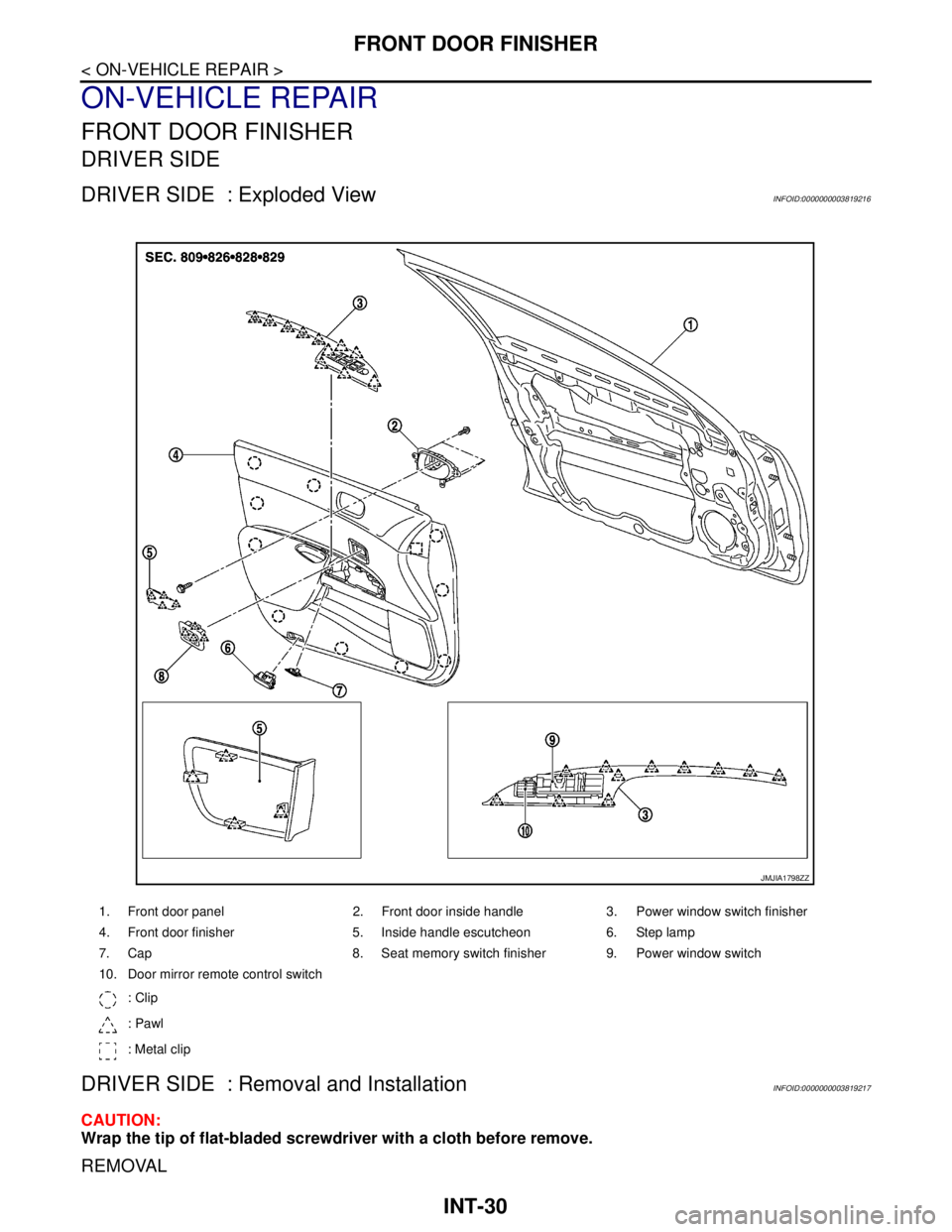 NISSAN TEANA 2008  Service Manual INT-30
< ON-VEHICLE REPAIR >
FRONT DOOR FINISHER
ON-VEHICLE REPAIR
FRONT DOOR FINISHER
DRIVER SIDE 
DRIVER SIDE  : Exploded ViewINFOID:0000000003819216
DRIVER SIDE  : Removal and InstallationINFOID:00
