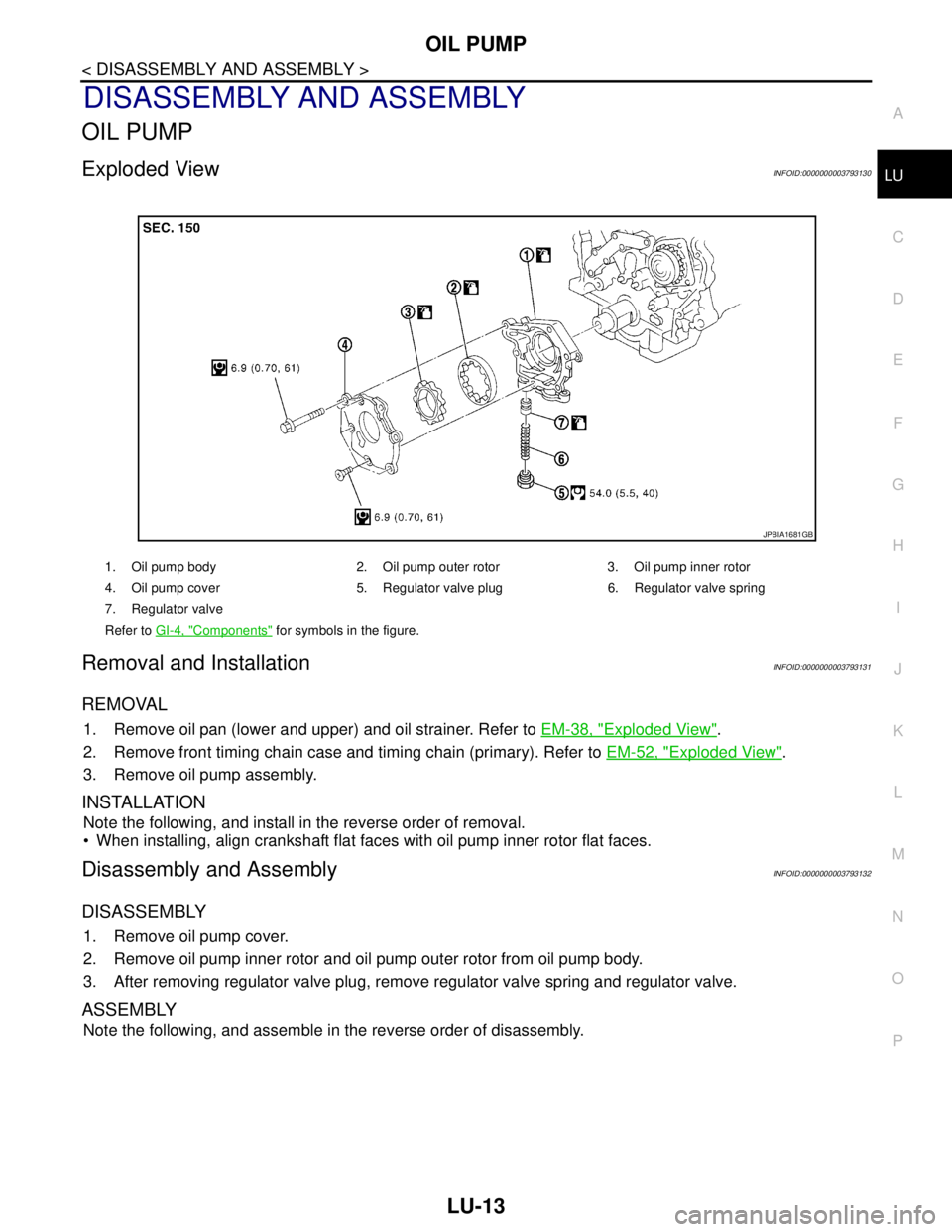 NISSAN TEANA 2008  Service Manual OIL PUMP
LU-13
< DISASSEMBLY AND ASSEMBLY >
C
D
E
F
G
H
I
J
K
L
MA
LU
N
P O
DISASSEMBLY AND ASSEMBLY
OIL PUMP
Exploded ViewINFOID:0000000003793130
Removal and InstallationINFOID:0000000003793131
REMOV