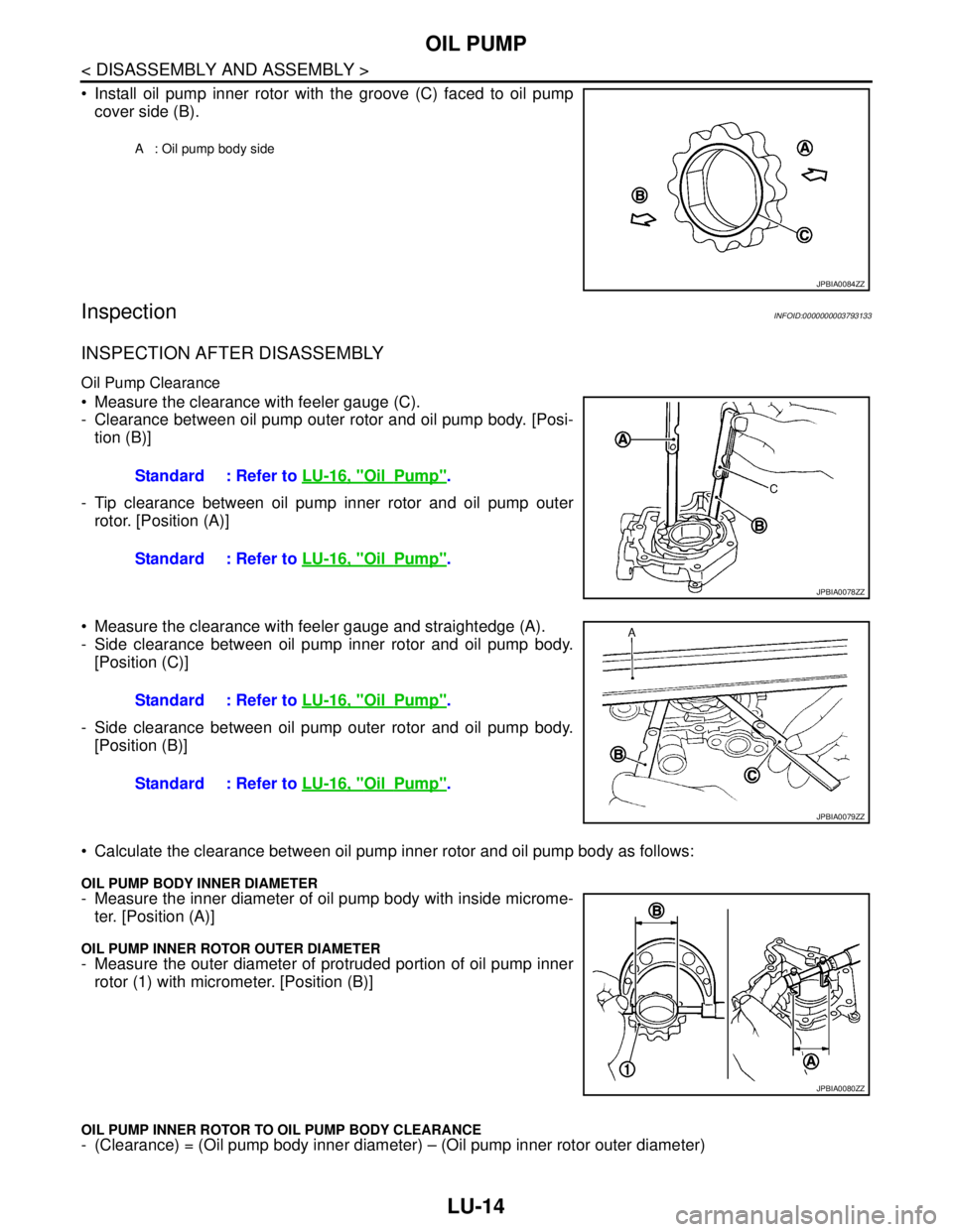 NISSAN TEANA 2008  Service Manual LU-14
< DISASSEMBLY AND ASSEMBLY >
OIL PUMP
 Install oil pump inner rotor with the groove (C) faced to oil pump
cover side (B).
InspectionINFOID:0000000003793133
INSPECTION AFTER DISASSEMBLY
Oil Pump
