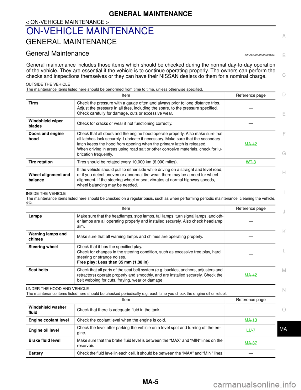NISSAN TEANA 2008  Service Manual GENERAL MAINTENANCE
MA-5
< ON-VEHICLE MAINTENANCE >
C
D
E
F
G
H
I
J
K
L
MB
MAN
OA
ON-VEHICLE MAINTENANCE
GENERAL MAINTENANCE
General MaintenanceINFOID:0000000003858221
General maintenance includes tho