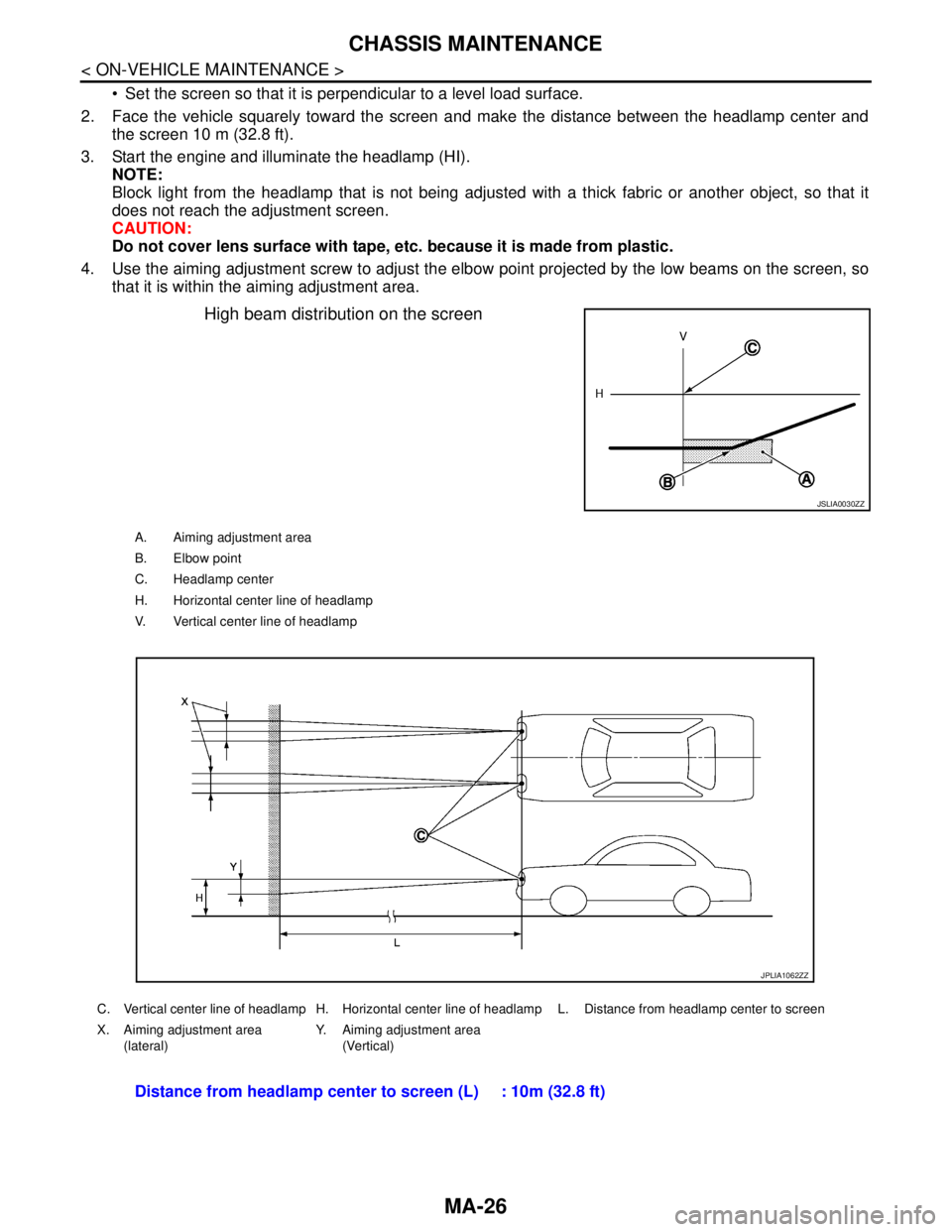 NISSAN TEANA 2008 Service Manual MA-26
< ON-VEHICLE MAINTENANCE >
CHASSIS MAINTENANCE
Set the screen so that it is perpendicular to a level load surface.
2. Face the vehicle squarely toward the screen and make the distance between NISSAN TEANA 2008 Service Manual MA-26
< ON-VEHICLE MAINTENANCE >
CHASSIS MAINTENANCE
Set the screen so that it is perpendicular to a level load surface.
2. Face the vehicle squarely toward the screen and make the distance between