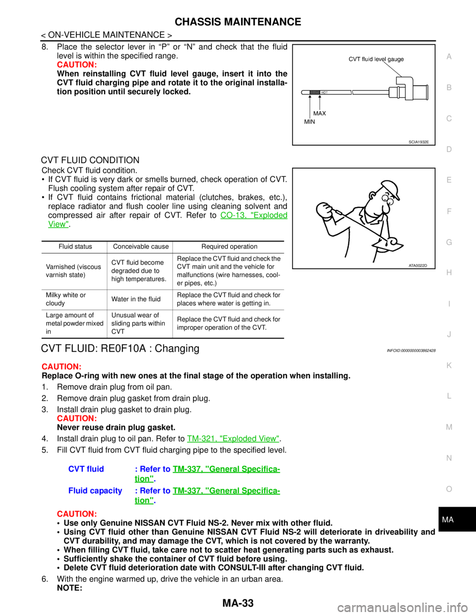 NISSAN TEANA 2008 Service Manual CHASSIS MAINTENANCE
MA-33
< ON-VEHICLE MAINTENANCE >
C
D
E
F
G
H
I
J
K
L
MB
MAN
OA
8. Place the selector lever in “P” or “N” and check that the fluid
level is within the specified range.
CAUTI NISSAN TEANA 2008 Service Manual CHASSIS MAINTENANCE
MA-33
< ON-VEHICLE MAINTENANCE >
C
D
E
F
G
H
I
J
K
L
MB
MAN
OA
8. Place the selector lever in “P” or “N” and check that the fluid
level is within the specified range.
CAUTI