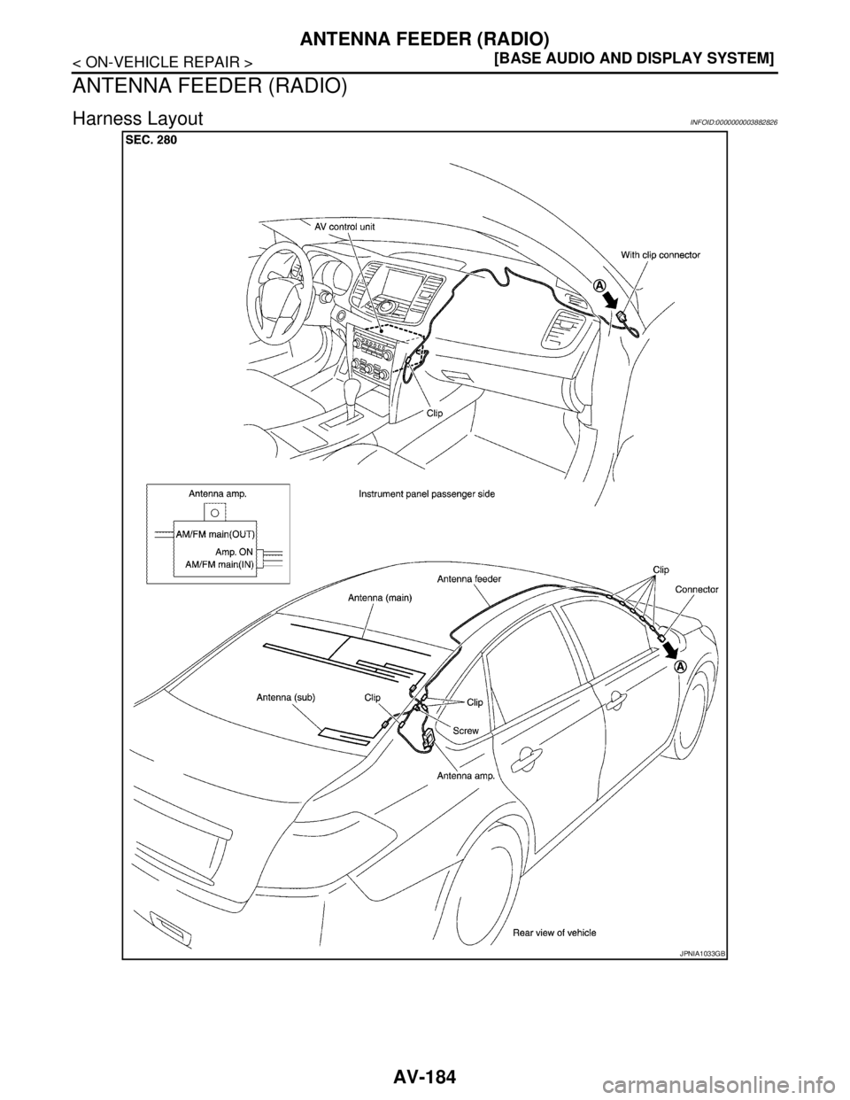 NISSAN TEANA 2008  Service Manual AV-184
< ON-VEHICLE REPAIR >[BASE AUDIO AND DISPLAY SYSTEM]
ANTENNA FEEDER (RADIO)
ANTENNA FEEDER (RADIO)
Harness LayoutINFOID:0000000003882826
JPNIA1033GB 