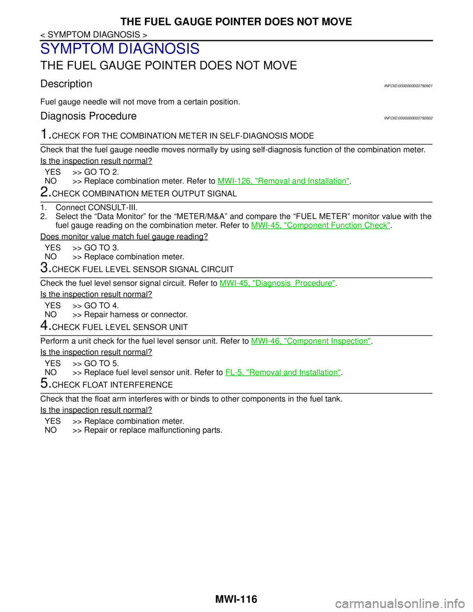 NISSAN TEANA 2008 Service Manual MWI-116
< SYMPTOM DIAGNOSIS >
THE FUEL GAUGE POINTER DOES NOT MOVE
SYMPTOM DIAGNOSIS
THE FUEL GAUGE POINTER DOES NOT MOVE
DescriptionINFOID:0000000003792601
Fuel gauge needle will not move from a cert NISSAN TEANA 2008 Service Manual MWI-116
< SYMPTOM DIAGNOSIS >
THE FUEL GAUGE POINTER DOES NOT MOVE
SYMPTOM DIAGNOSIS
THE FUEL GAUGE POINTER DOES NOT MOVE
DescriptionINFOID:0000000003792601
Fuel gauge needle will not move from a cert