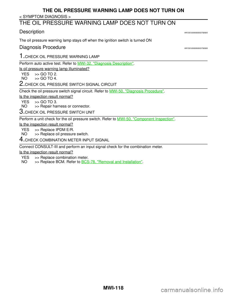 NISSAN TEANA 2008 Service Manual MWI-118
< SYMPTOM DIAGNOSIS >
THE OIL PRESSURE WARNING LAMP DOES NOT TURN ON
THE OIL PRESSURE WARNING LAMP DOES NOT TURN ON
DescriptionINFOID:0000000003792605
The oil pressure warning lamp stays off w NISSAN TEANA 2008 Service Manual MWI-118
< SYMPTOM DIAGNOSIS >
THE OIL PRESSURE WARNING LAMP DOES NOT TURN ON
THE OIL PRESSURE WARNING LAMP DOES NOT TURN ON
DescriptionINFOID:0000000003792605
The oil pressure warning lamp stays off w