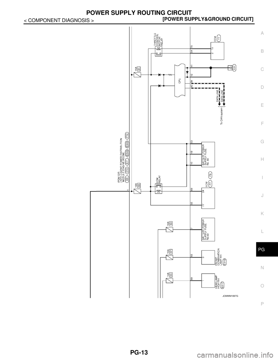 NISSAN TEANA 2008  Service Manual PG
POWER SUPPLY ROUTING CIRCUIT
PG-13
< COMPONENT DIAGNOSIS >[POWER SUPPLY&GROUND CIRCUIT]
C
D
E
F
G
H
I
J
K
L B A
O
P N
JCMWM1697GB 