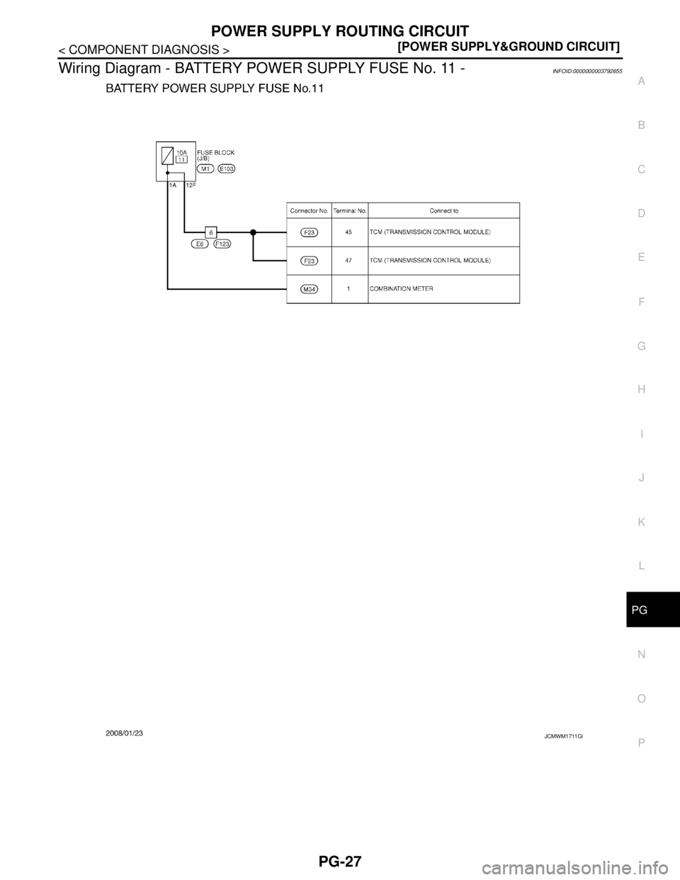 NISSAN TEANA 2008  Service Manual PG
POWER SUPPLY ROUTING CIRCUIT
PG-27
< COMPONENT DIAGNOSIS >[POWER SUPPLY&GROUND CIRCUIT]
C
D
E
F
G
H
I
J
K
L B A
O
P N
Wiring Diagram - BATTERY POWER SUPPLY FUSE No. 11 -INFOID:0000000003792655
JCMW