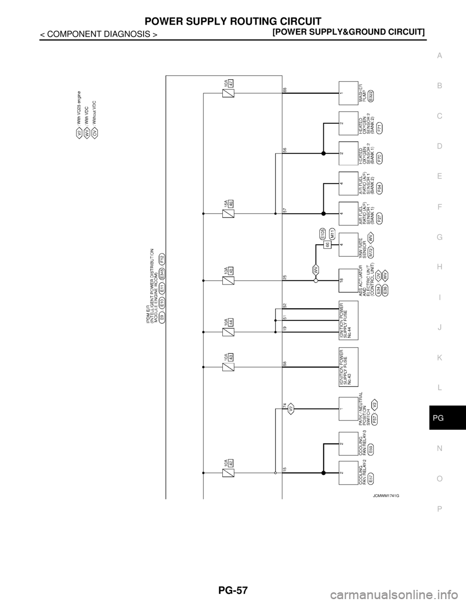 NISSAN TEANA 2008  Service Manual PG
POWER SUPPLY ROUTING CIRCUIT
PG-57
< COMPONENT DIAGNOSIS >[POWER SUPPLY&GROUND CIRCUIT]
C
D
E
F
G
H
I
J
K
L B A
O
P N
JCMWM1741GB 