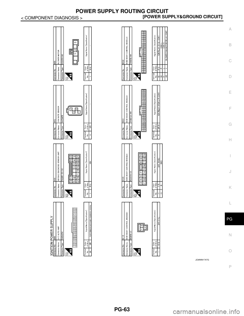 NISSAN TEANA 2008  Service Manual PG
POWER SUPPLY ROUTING CIRCUIT
PG-63
< COMPONENT DIAGNOSIS >[POWER SUPPLY&GROUND CIRCUIT]
C
D
E
F
G
H
I
J
K
L B A
O
P N
JCMWM1747GB 