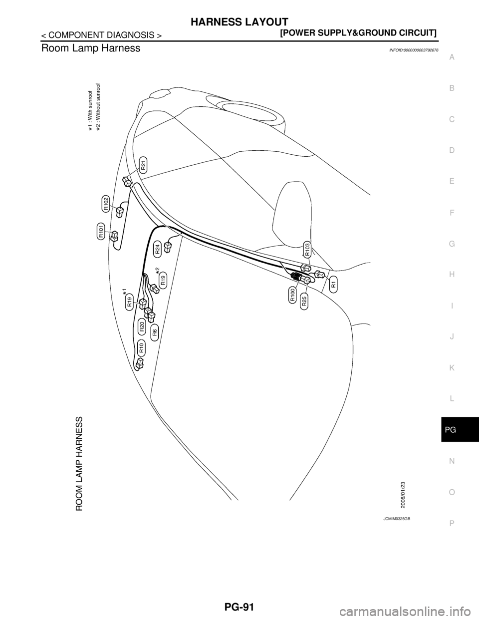 NISSAN TEANA 2008  Service Manual PG
HARNESS LAYOUT
PG-91
< COMPONENT DIAGNOSIS >[POWER SUPPLY&GROUND CIRCUIT]
C
D
E
F
G
H
I
J
K
L B A
O
P N
Room Lamp HarnessINFOID:0000000003792676
JCMIM0325GB 