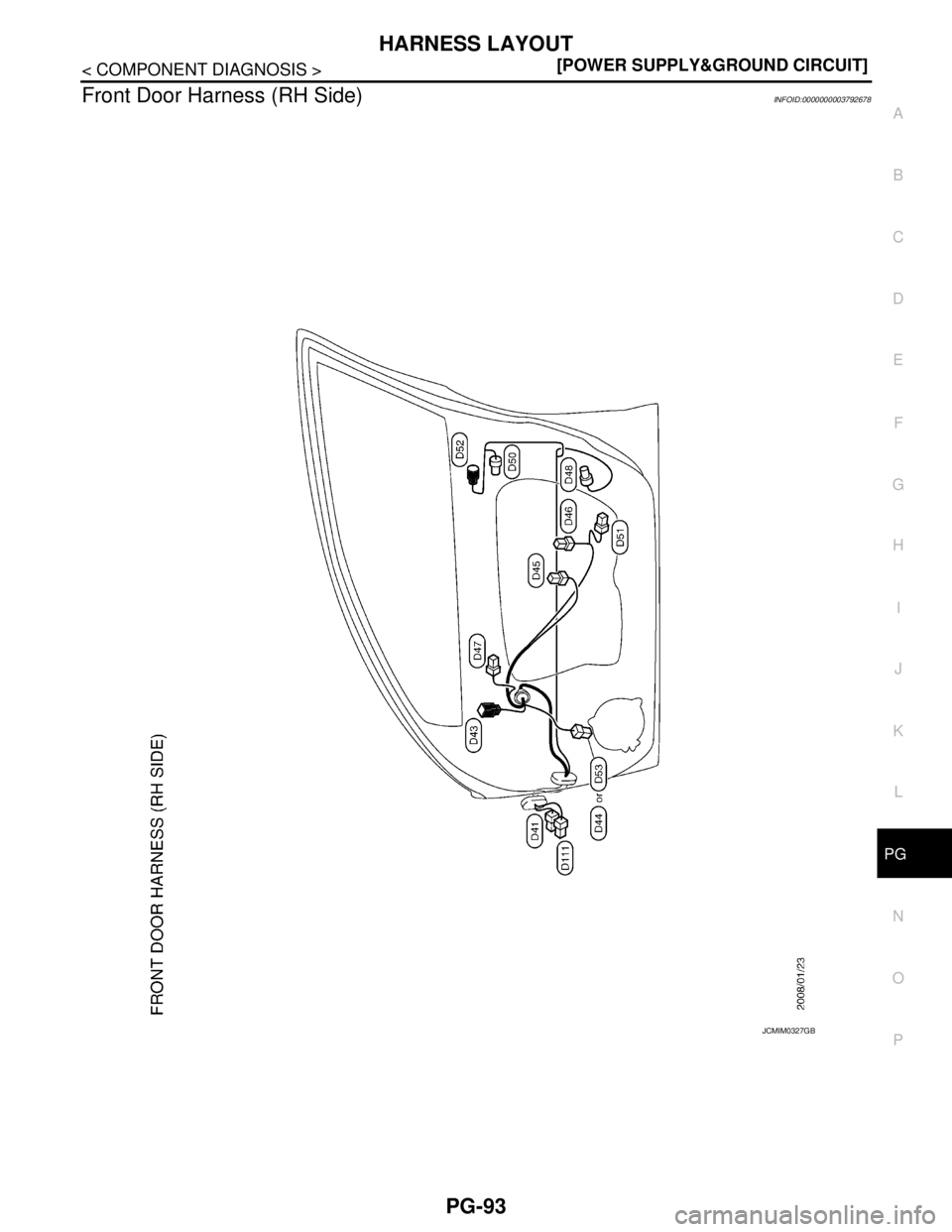 NISSAN TEANA 2008  Service Manual PG
HARNESS LAYOUT
PG-93
< COMPONENT DIAGNOSIS >[POWER SUPPLY&GROUND CIRCUIT]
C
D
E
F
G
H
I
J
K
L B A
O
P N
Front Door Harness (RH Side)INFOID:0000000003792678
JCMIM0327GB 