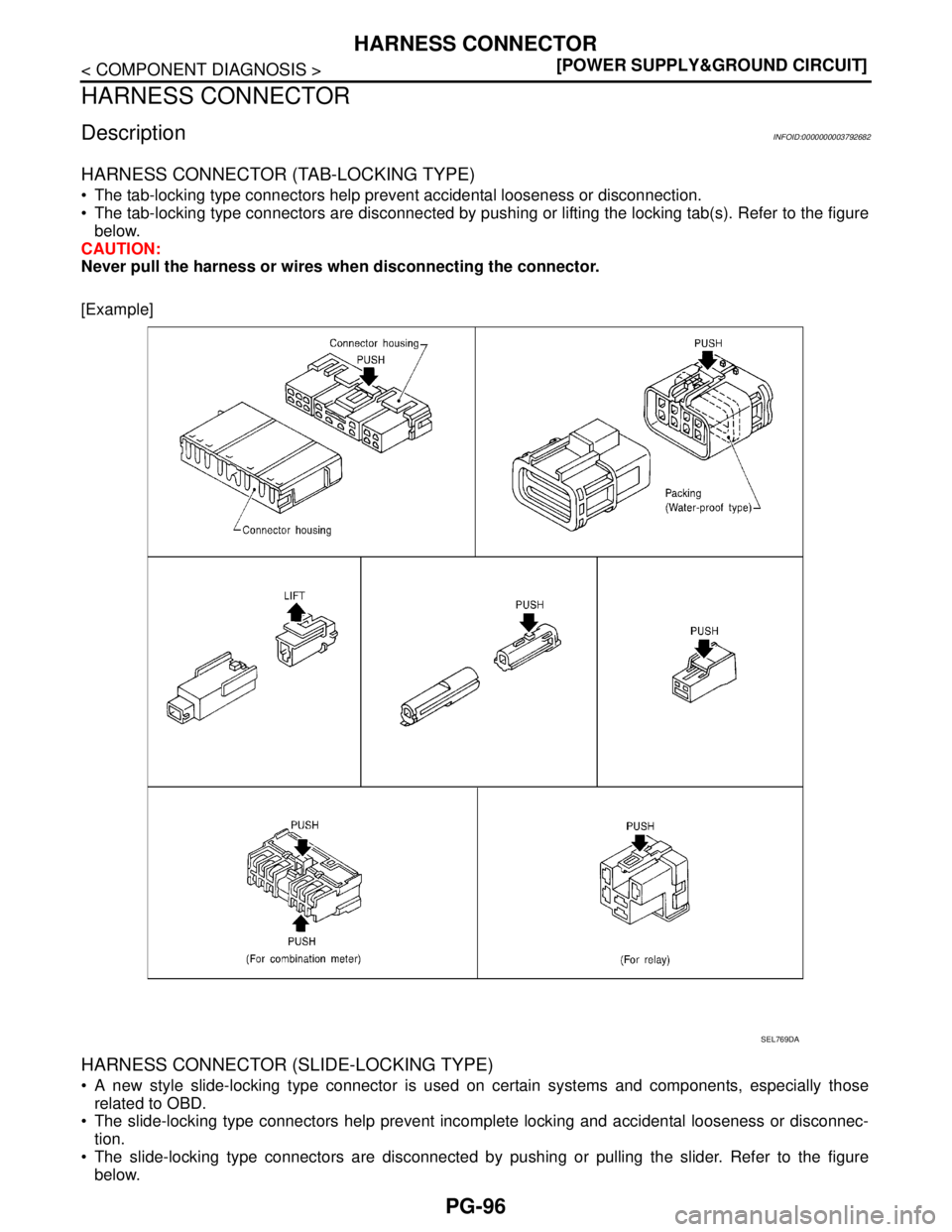 NISSAN TEANA 2008  Service Manual PG-96
< COMPONENT DIAGNOSIS >[POWER SUPPLY&GROUND CIRCUIT]
HARNESS CONNECTOR
HARNESS CONNECTOR
DescriptionINFOID:0000000003792682
HARNESS CONNECTOR (TAB-LOCKING TYPE)
 The tab-locking type connectors