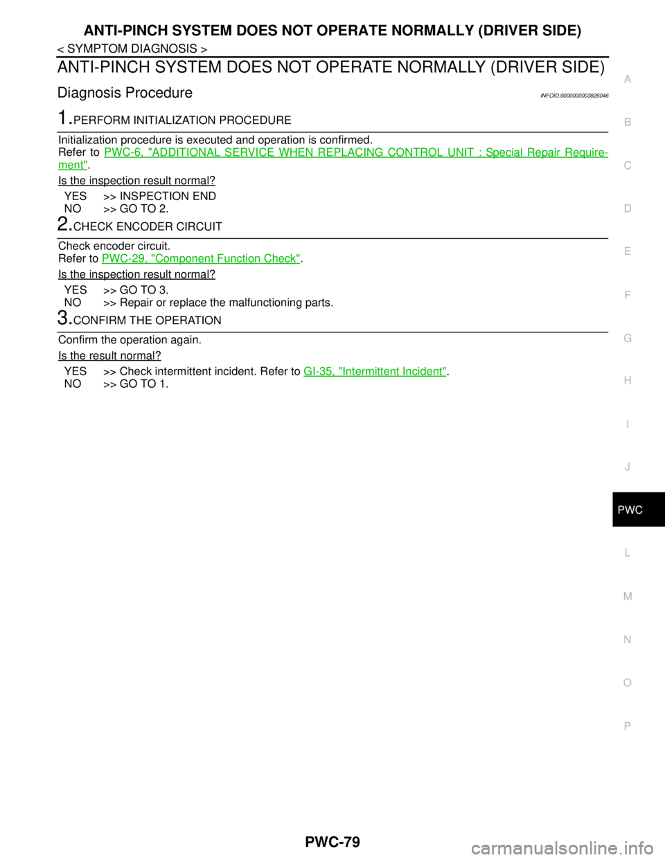 NISSAN TEANA 2008  Service Manual ANTI-PINCH SYSTEM DOES NOT OPERATE NORMALLY (DRIVER SIDE)
PWC-79
< SYMPTOM DIAGNOSIS >
C
D
E
F
G
H
I
J
L
MA
B
PWC
N
O
P
ANTI-PINCH SYSTEM DOES NOT OPERATE NORMALLY (DRIVER SIDE)
Diagnosis ProcedureINF