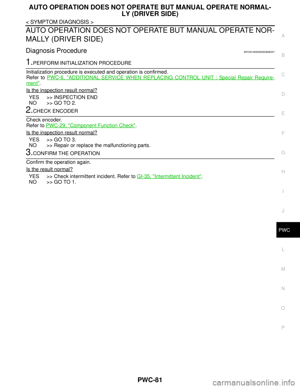 NISSAN TEANA 2008  Service Manual AUTO OPERATION DOES NOT OPERATE BUT MANUAL OPERATE NORMAL-
LY (DRIVER SIDE)
PWC-81
< SYMPTOM DIAGNOSIS >
C
D
E
F
G
H
I
J
L
MA
B
PWC
N
O
P
AUTO OPERATION DOES NOT OPERATE BUT MANUAL OPERATE NOR-
MALLY 