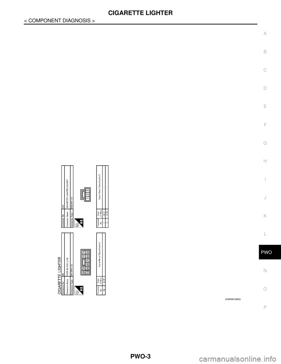 NISSAN TEANA 2008  Service Manual PWO
CIGARETTE LIGHTER
PWO-3
< COMPONENT DIAGNOSIS >
C
D
E
F
G
H
I
J
K
L B A
O
P N
JCMWM1668GB 