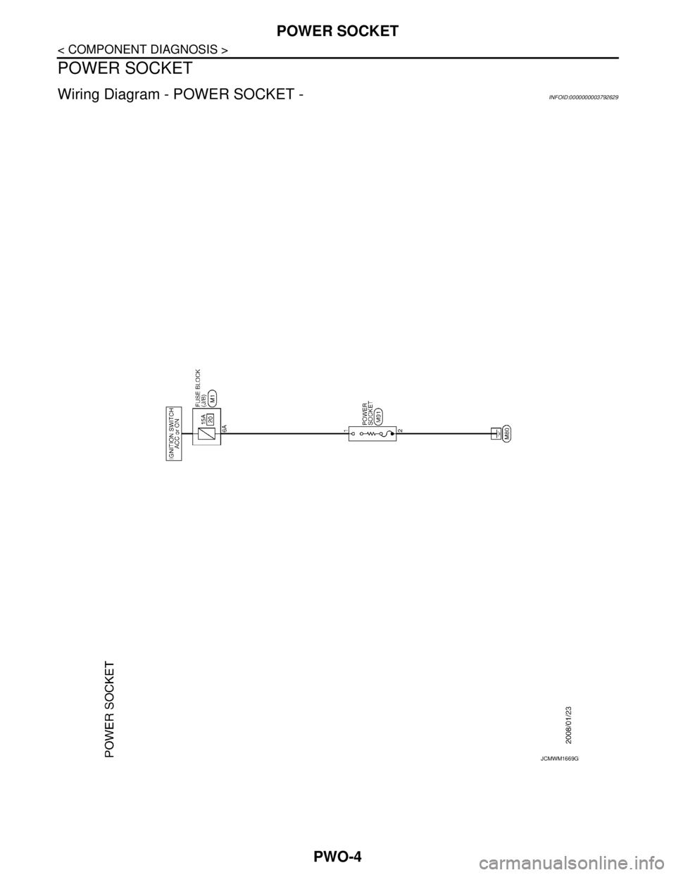 NISSAN TEANA 2008 Service Manual PWO-4
< COMPONENT DIAGNOSIS >
POWER SOCKET
POWER SOCKET
Wiring Diagram - POWER SOCKET -INFOID:0000000003792629
JCMWM1669GB NISSAN TEANA 2008 Service Manual PWO-4
< COMPONENT DIAGNOSIS >
POWER SOCKET
POWER SOCKET
Wiring Diagram - POWER SOCKET -INFOID:0000000003792629
JCMWM1669GB